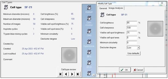 Screen shot of the cell type menu.
