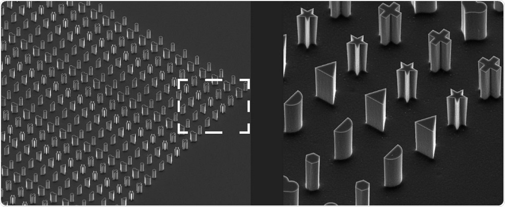 OIST - Magnified view of the microfabricated bacteria molds in various shapes.