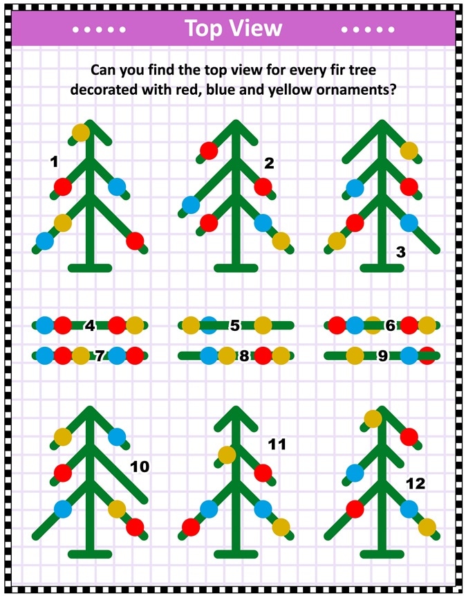 IQ training top view visual puzzle (suitable both for kids and adults): Can you find the top view for every fir tree decorated with red, blue and yellow ornaments? Answer included bottom of page. Image Credit: ratselmeister / Shutterstock