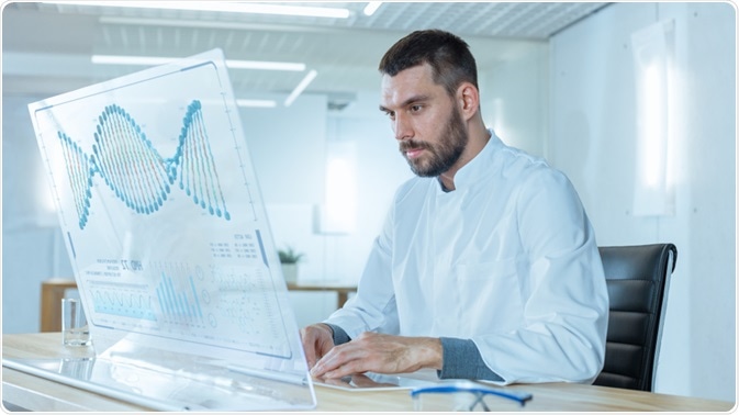 Futuristic laboratory. Artificial intelligence in genetics.