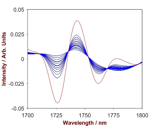 2nd derivative spectra of 20 SLES-shampoo mixtures with SLES concentration differing from 2.0 – 13.0% (blue). The overlay with pure SLES (red) identifies the significant wavelength region of 1700-1800 nm