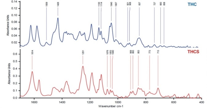 Decarboxylation of THCS (red) to THC (blue).