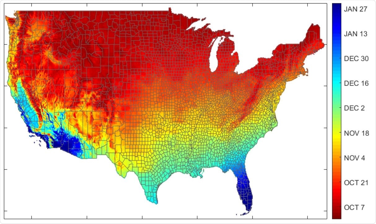 Expected date by U.S. county for entering 5-10°C range (30-year average).