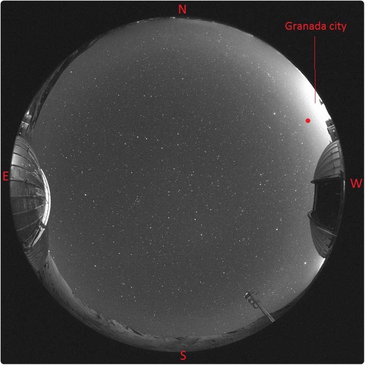 Image from the ASTMON FoV in the V filter on February 20th 2020 at 01:16 UT. The red circle highlights the region of the celestial sphere where sky brightness measurements were taken. The instrument is situated on the roof of the main building in the middle of the two domes.