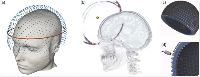 How the prototype helmet could image the brain. Image Credit: Imperial College London