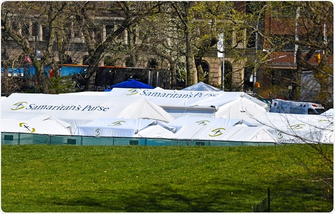 NEW YORK CITY, APRIL 2020. As the COVID-19 coronavirus cases increase exceeding hospital capacity, mobile field hospitals such as this one in Central Park alleviate strains to treat patients. Image Credit: Robert Cicchetti