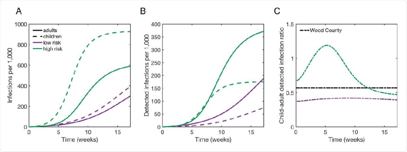 Projected infection and case detection rates under two different school scenarios. (A) Cumulative attack rates and (B) detected cases in children (dashed lines) and adults (solid lines) assuming that transmission rates in schools are either equal to the surrounding community (low risk, purple) or elevated (high risk, green). (C) The ratio of cumulative detected cases in children versus adults, under the same two scenarios. The black line indicates the ratio of reported cases in children attending in-person school (133 cases among 4,876 children) versus reported cases in adults (3,260 cases among ~68,124 adults) in the surrounding community of Wood County, Wisconsin [2] after 13 weeks of in-school instruction. The projections assume a population-wide reproduction number of R0 = 1.1 in the low risk scenario and elevated in-school reproduction number of R0 = 2.5 in the high risk scenario, that children and adults have distinct symptomatic proportions [10], and that all symptomatic infections are detected.