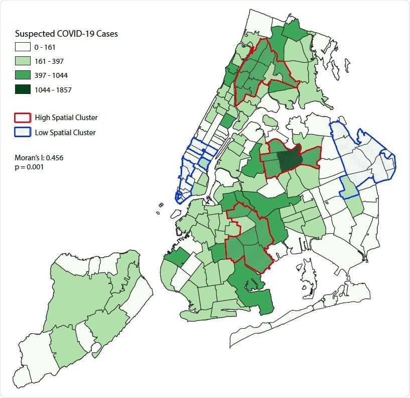 Distribution of New York City ZIP code tabulation area (ZCTA) by a) suspected COVID-19 cases in March 1-30 2020; and b) overcrowded housing and c) multigenerational housing in 2018