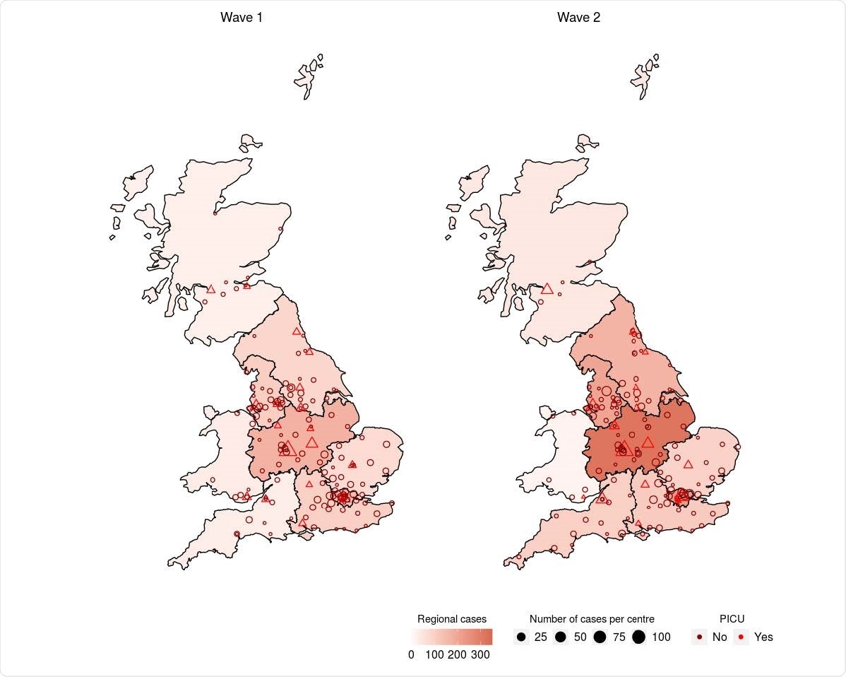Map of sites of patient enrolment and cases by site. Sites with access to an onsite PICU are represented with triangles and those without as circles.