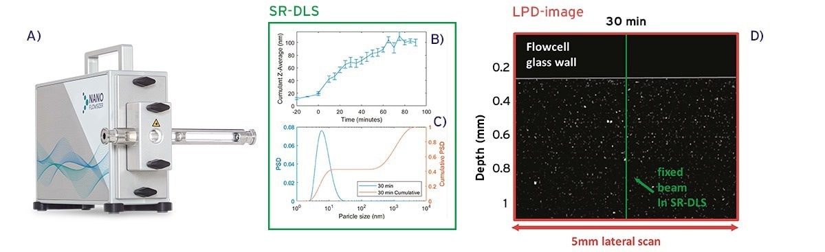 A) NFS probe equipped with a ½ inch flow cell as used inline.  B) Z-Average particle size measured inline using the recently introduced PhaSR-DLS mode of the NFS [13], tracking heat-induced BSA protein aggregation during flow. C) The particle size distribution (PSD) and cumulative PSD measured in flow using PhaSR-DLS, after 30 minutes of heating. D) a single frame from an LPD movie captured during flow, around the same time point (30 min). For SR-DLS measurements the beam is fixed (green line), while for LPD measurements the beam is scanned to create the image (repeatedly for image sequences).