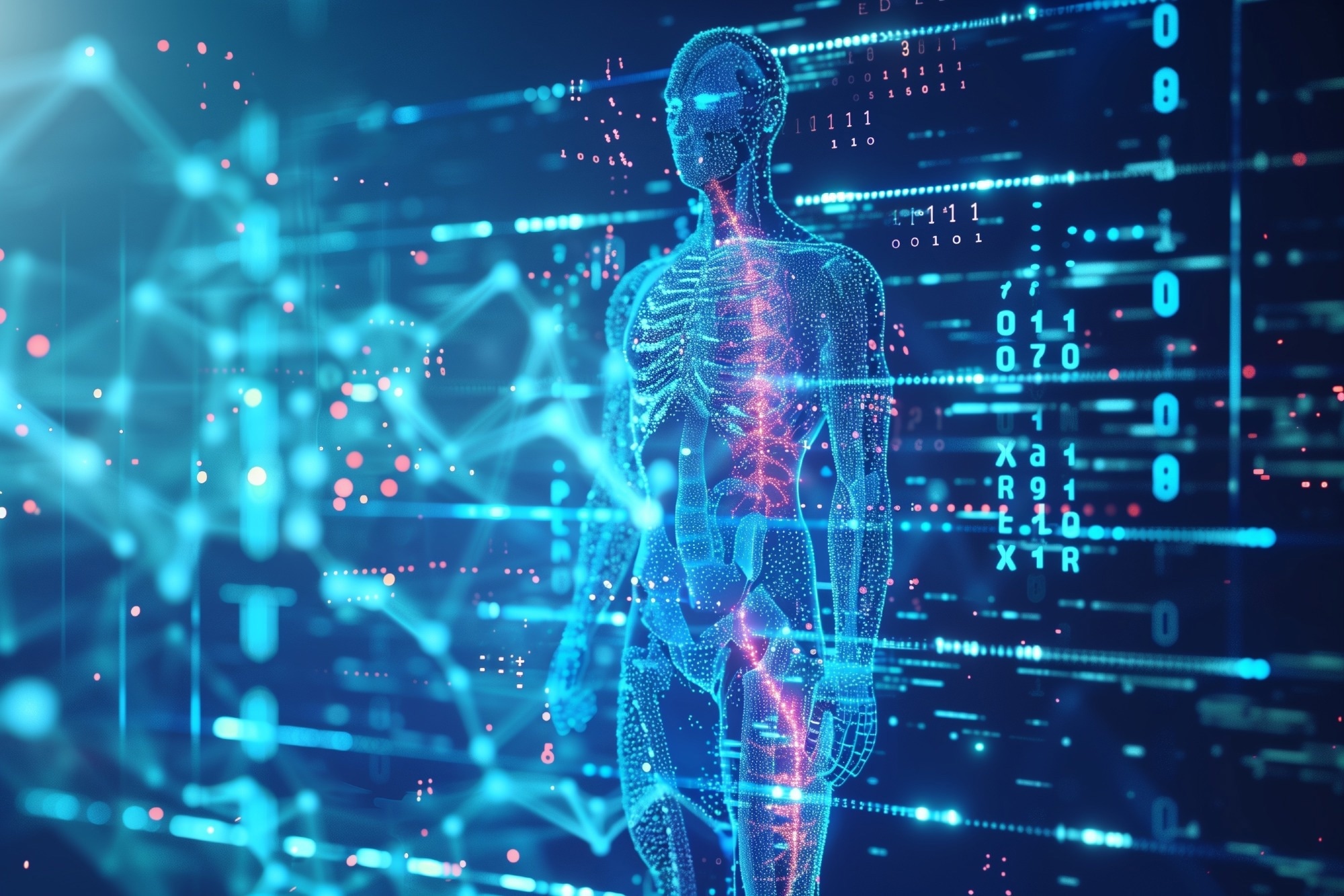Abstract digital human body hologram with futuristic medical data.