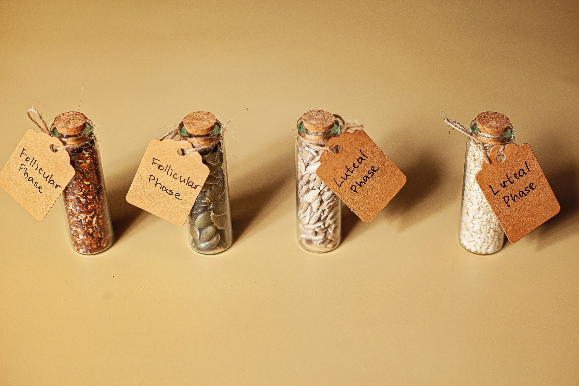 Seed cycling for hormonal balance - flax, pumpkin, sunflower and sesame seeds for different phases of menstrual cycle, women