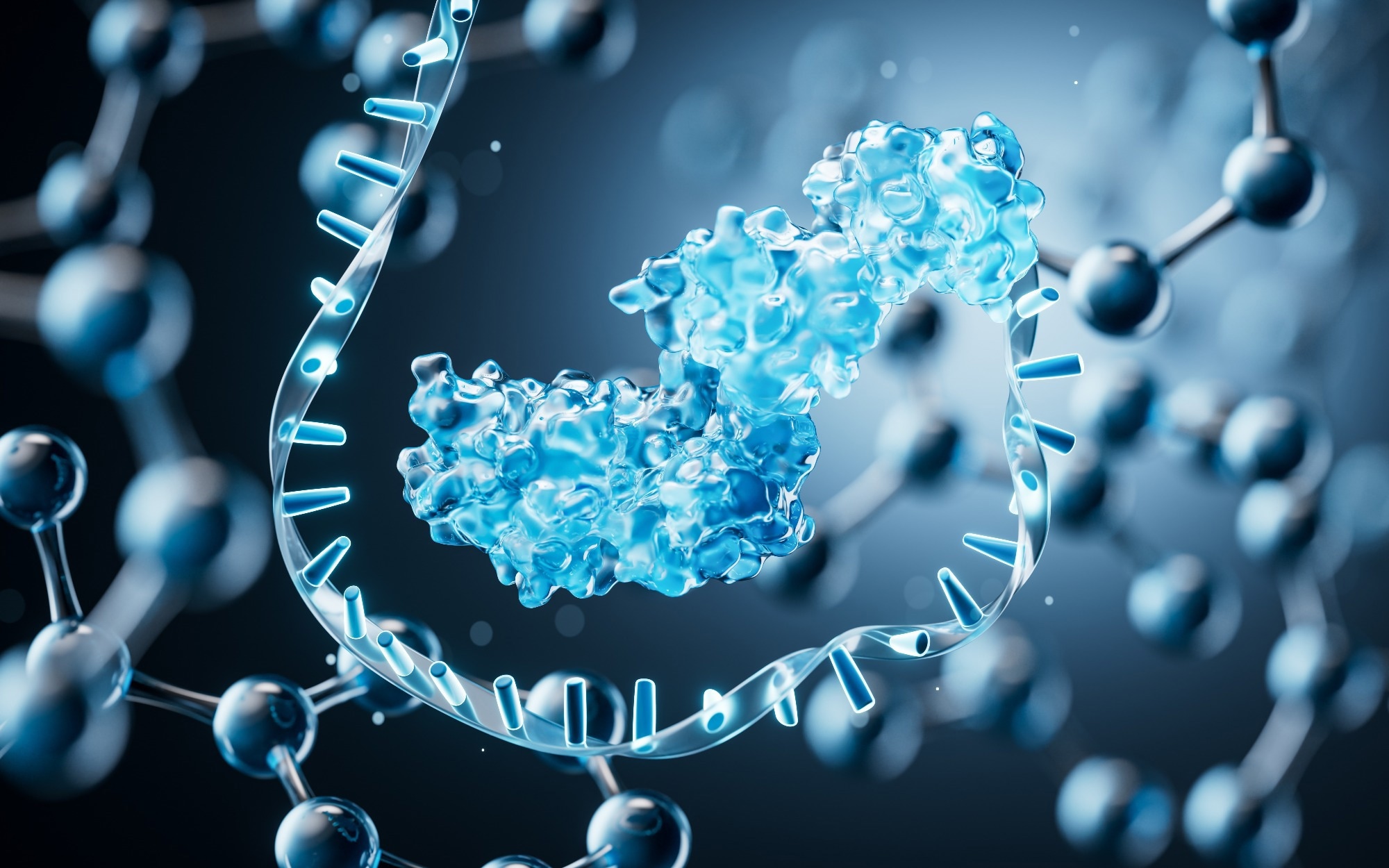 RNA and protein with transparent molecules background, 3d rendering.