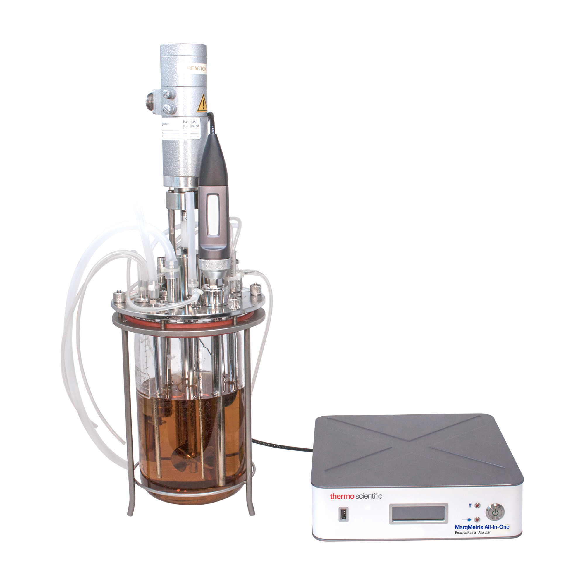 The MarqMetrix All-In-One Process Raman Analyzer with optical probe immersed into the bioreactor.