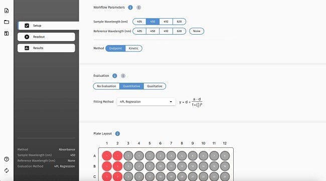 Start your ELISA measurement by defining workflow parameters and evaluation method on the Absorbance 96 App.