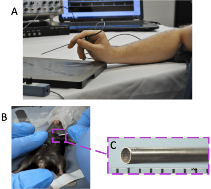 Overview of Doppler Flow Velocity System and Probe. A) typical system set-up for doppler flow velocity imaging, B) handheld probe orientation for coronary blood flow imaging, and C) the magnified inset of the probe tip