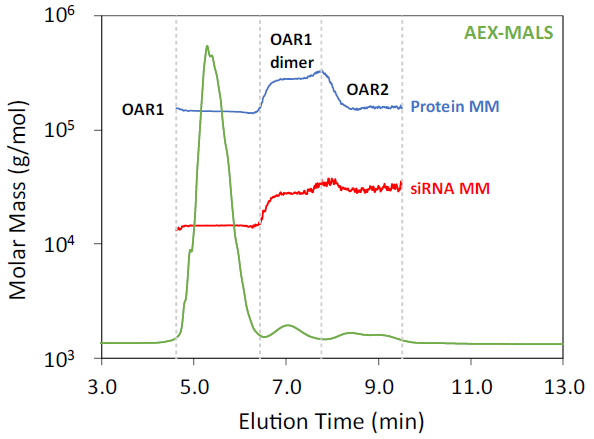 Figure 4. AEX-MALS chromatogram of AOC Sample 1. UV 280 nm chromatogram is shown with the molar mass overlaid. Peak boundaries are indicated by the vertical dashed lines.