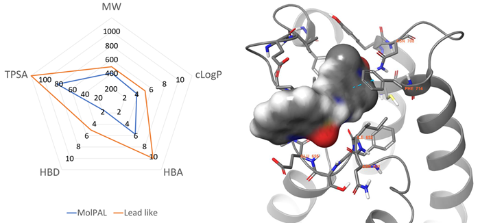 Left: Physicochemical profile of the MolPAL output (blue) compared to lead-like boundaries (orange). Right: Lowest energy docking pose predicted by MolPAL for compound 5 (grey surface) within the BRPF1b active site (grey cartoon, PDB = 6EQK). Key residues are represented in grey sticks and amino acid sequence numbers with orange labels. Nitrogen, Oxygen and Sulfur atoms are coloured blue, red and yellow respectively. π- π interactions are represented with dotted cyan lines