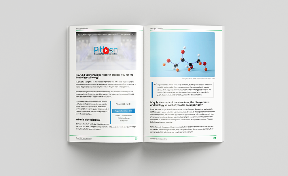 Two-page magazine spread featuring an interview about glycoprotein research and glycosylation. The left page includes a question-and-answer section with a conference promotion for Pittcon 2025, while the right page shows a stylized molecular model of a sugar molecule and a highlighted quote about the role of sugars in cell biology.