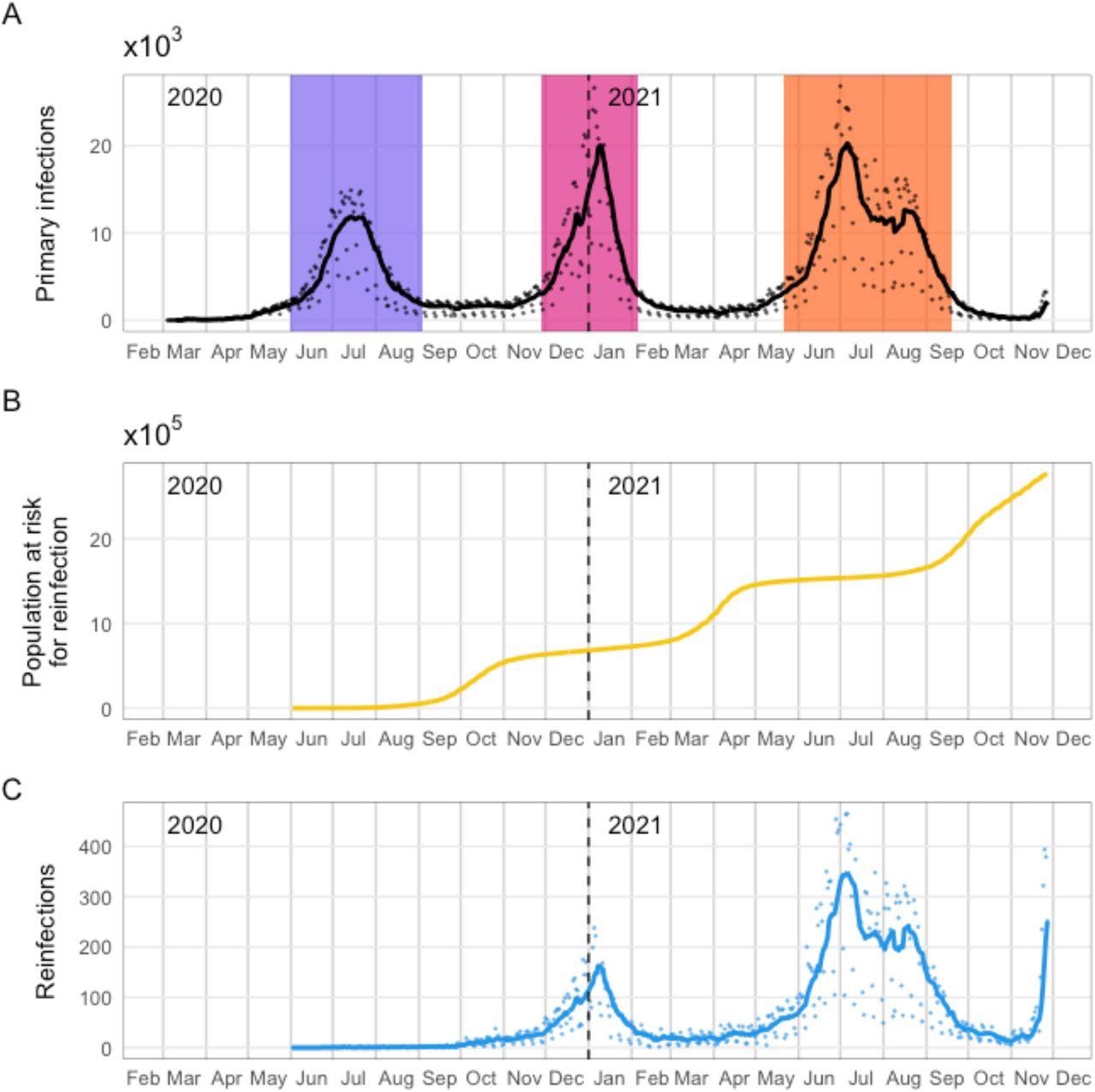Daily numbers of detected primary infections, individuals eligible to be considered for reinfection, and suspected reinfections in South Africa. A: Time series of detected primary infections. Black line indicates 7-day moving average; black points are daily values. Colored bands represent wave periods, defined as the period for which the 7-day moving average of cases was at least 15% of the corresponding wave peak (purple = wave 1, pink = wave 2, orange = wave 3). B: Population at risk for reinfection (individuals whose most recent positive test was at least 90 days ago and who have not yet had a suspected reinfection). C: Time series of suspected reinfections. Blue line indicates 7-day moving average; blue points are daily values.