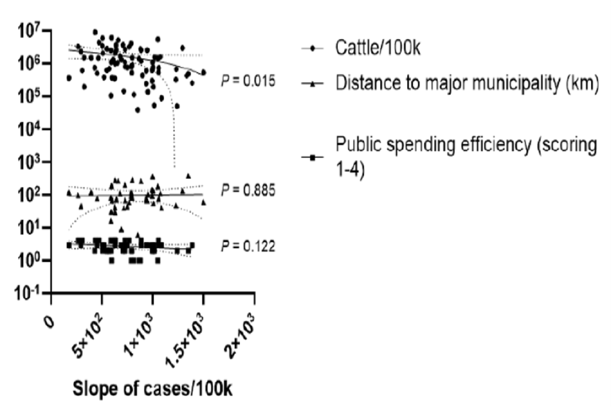 Figure - Linear regression between cattle density and the slope of cumulative COVID-19 case increase in the Brazilian State of Mato Grosso do Sul. Data between Jan/20 and Sep/21 were used. Cattle density was calculated as the number of cattle/100,000 people in the municipality. The distance of the municipality to the major hub city was used to control for lower people connectivity of cattle-raising areas. Public spending efficiency was used to control for possible slower responses to the COVID-19 pandemic from cattle-raising municipalities. Analysis by run’s test in a linear regression. P-values are shown for each regression. The dotted lines around the linear regression trend indicate the 99% CI.