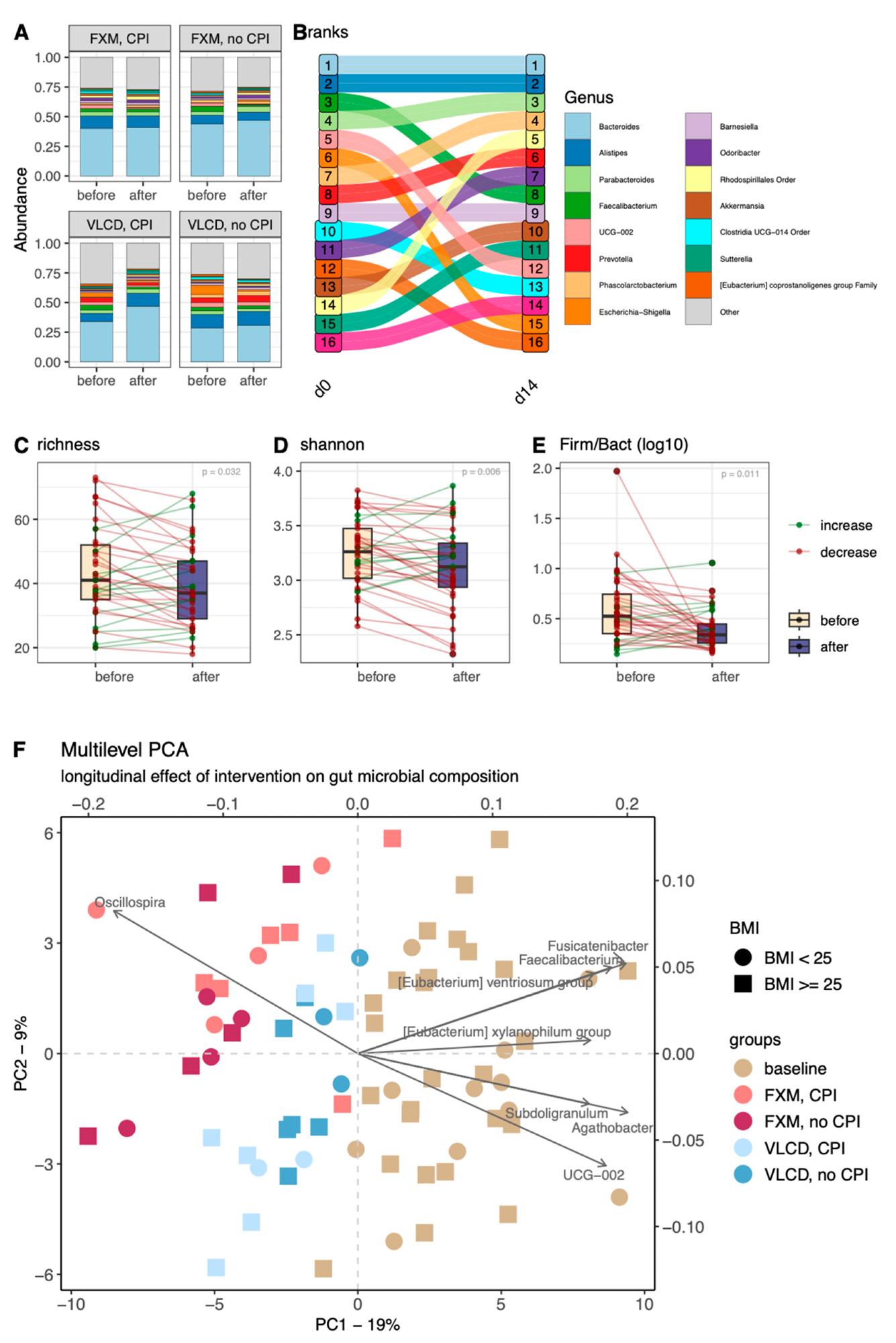 Overview of taxonomical baseline characteristics and changes over the intervention period. (A) Relative abundances across the intervention groups; (B) relative changes in abundance ranks in the overall cohort; (C–E) changes in bacterial richness, Shannon’s index, and Firmicutes/Bacteroidetes ratio; (F) multilevel PCA biplot colored according to baseline (beige), FXM (light pink = with CPI, dark pink = without CPI), and VLCD (light blue = with CPI, dark blue = without CPI) and taxonomy (grey arrows) as well as BMI category (shapes). FXM—F.X. Mayr diet, VLCD—very-low-calorie diet, CPI—clinical psychological intervention, BMI—body-mass-index.