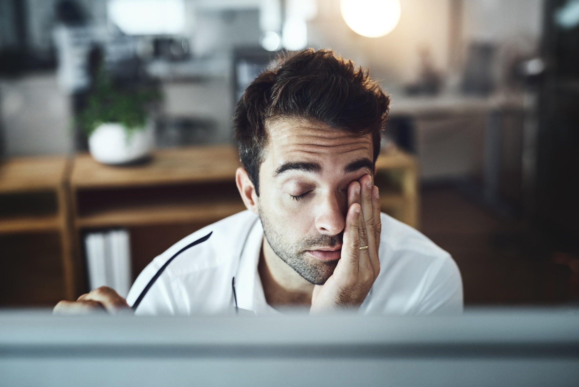 Man, stress and office for employee burnout, tired finance consultant and computer mistake or fail.