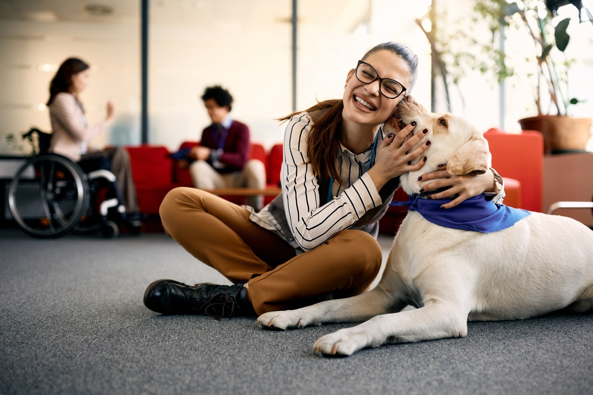Happy entrepreneur embracing her Labrador therapy dog and having fun in the office.