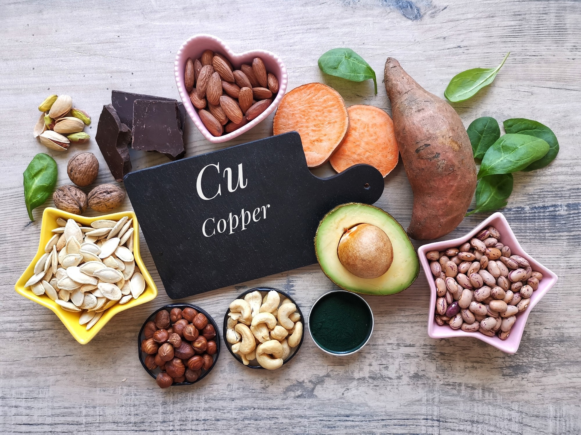 Natural food sources of copper with chemical symbol Cu.