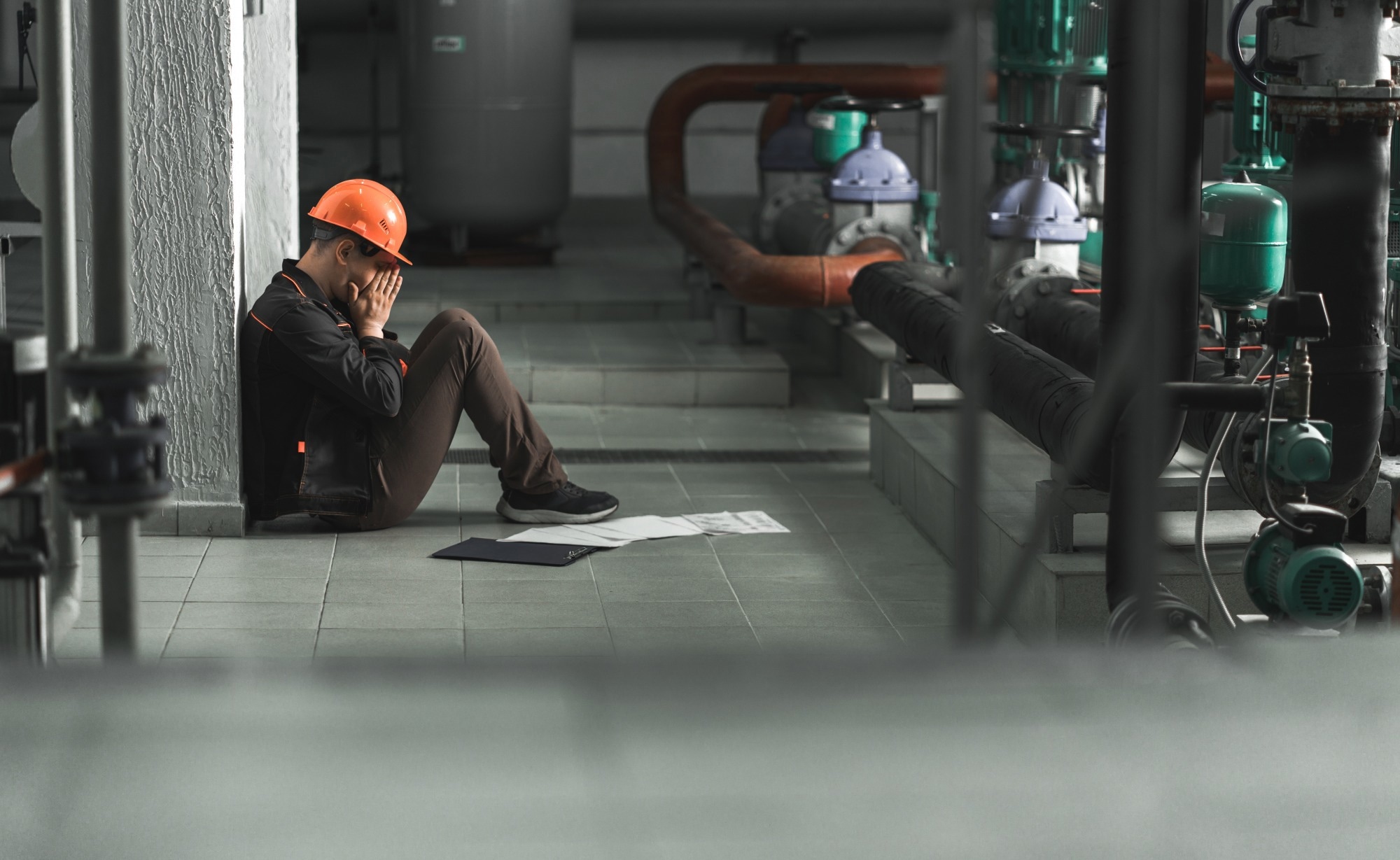 tired energy engineer sitting on the floor